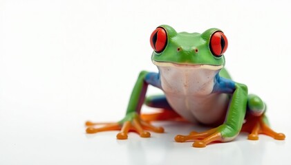 Obraz premium Single red-eyed tree frog on pure white, striking eyes, zoology, red-eyed tree frog