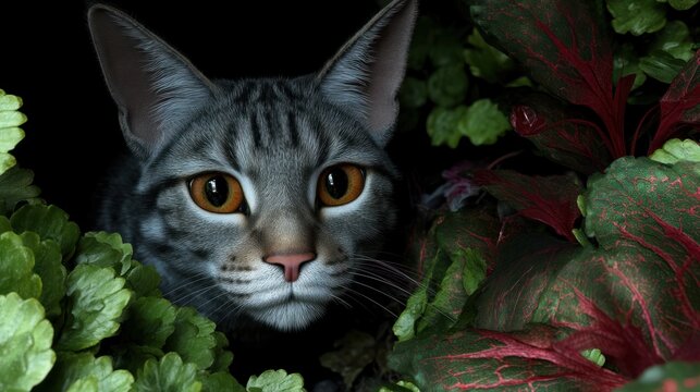 Gray tabby cat peering from foliage.  Close-up view of curious feline eyes and nose, hidden amongst vibrant greenery