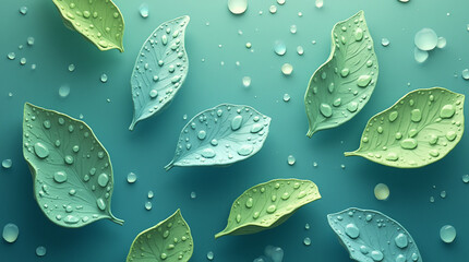 Pastel leaves with water droplets on a teal background. Minimalist, refreshing, and modern style illustration.