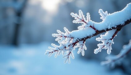 Icy frost patterns on a white branch, winter scene, photograph, crystals