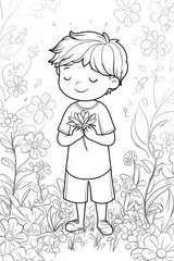 Black and white cute Bible story, white background for coloring