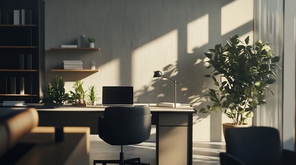 Fototapeta premium Serene home office space with natural light and minimalist design elements