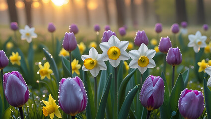 purple and yellow tulips Morning Bloom Floral Photography Pattern wallpaper background