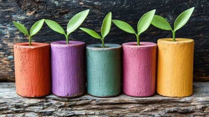Sproutlings in colorful pots on weathered wood