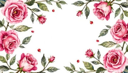 Intricate watercolor roses & leaves, repeating design, wallpaper, vintage