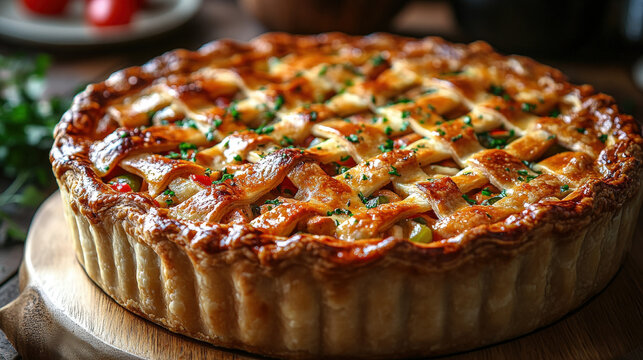 Golden brown crust pie with savory filling and green garnish