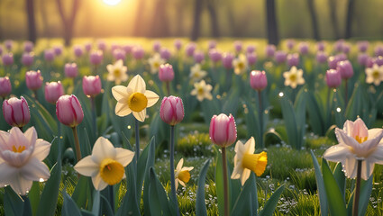 spring tulips flowers in the garden Fresh Meadow Flower Design with Dew Drops