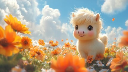 Fototapeta premium Cute pony in a field of flowers