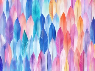 Pastel Feathers Arrangement in Gradient Colors for Dreamy Backgrounds and Artistic Projects Detailed Close Up Shot for Creative Designs