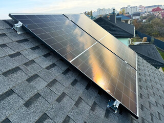 Rooftop covered with solar panels, eco-friendly energy source