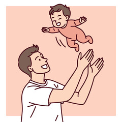Obraz premium Loving father lifts his baby daughter high into the air while playing outdoors, sharing a joyful and emotional moment full of laughter, love and connection