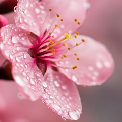 Fototapeta premium Captivating closeup of a delicate pink cherry blossom adorned with glistening water droplets showcasing nature's beauty and subtle elegance in soft light