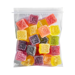 Transparent bag of colorful jelly candies isolated on transparent background