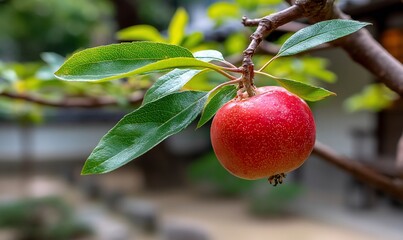 Vibrant red fruit hangs among greenery