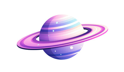 Fototapeta premium Illustrated planet with rings in shades of purple and pink on a solid black color background transparent background png