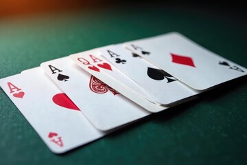 Obraz premium Playing cards arranged in a row showing ace of each suit , diamonds, image, gambling