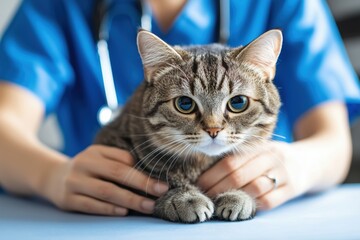 Naklejka premium Cute Cat Receiving a Gentle Health Check by Female Vet in Wildlife Hospital – Authentic Image for Pet Wellness, Compassionate Medicine and Veterinary Brands
