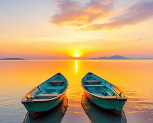 Fototapeta premium Tranquil sunrise over calm lake with two boats and colorful sky