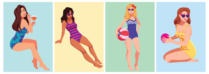 A Set of Girls in Swimsuits. Summer Beach Activities concept 
