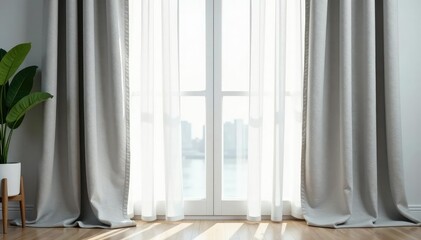 Simple, light gray linen curtains, soft natural folds , simple backdrop, soft fabric, soft