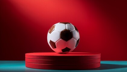 soccer ball displayed on a circular pedestal with a vibrant red background showcasing sports creativity and design