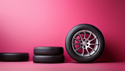 summer tires and wheels stack on pink background new wheels long blank layout copyspace