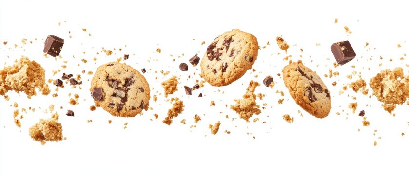 Delicious chocolate chip cookies with brown sugar and chocolate chunks floating on a white background creating a dynamic and appetizing display perfect for culinary themes