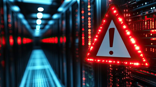 Red Warning Sign with Exclamation Inside Data Center Servers and Blinking Lights