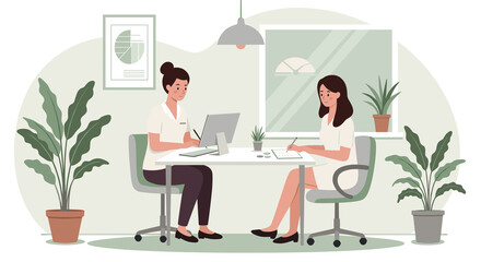 Two women collaborating in a modern office with indoor plants  