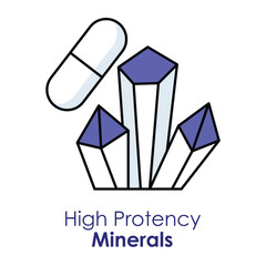  Vector icon for high potency minerals. Includes crystals and a capsule, symbolizing essential minerals for overall health and wellness.