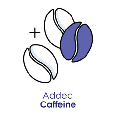 Vector icon for added caffeine. Features coffee beans and a plus symbol, highlighting energy-boosting and stimulant properties.