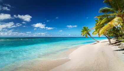 Fototapeta premium tropical beach paradise with azure waters palm trees and sunny blue sky