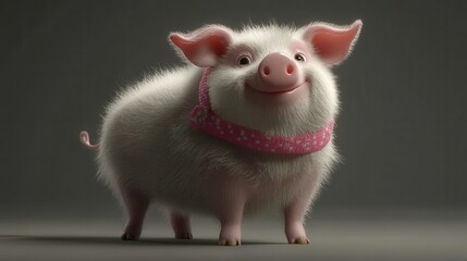 Adorable fluffy piglet with a pink scarf looking at the camera with a smile on a plain background in a studio shot with soft lighting and a cute style