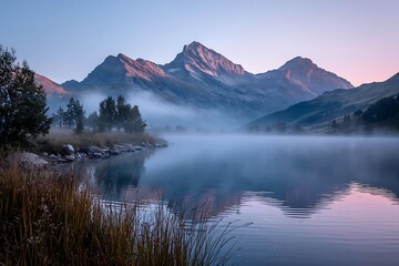 A serene mountain lake at dawn, with soft mist rising from the water and the peaks glowing under the first light.