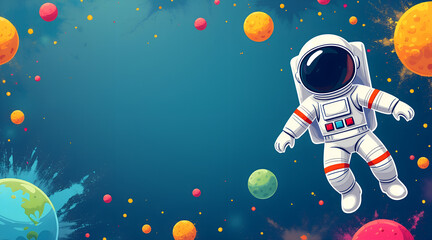 Astronaut-themed  background with playful cosmic splashes, whimsical floating astronaut among celestial bodies, inspiring space art with copy space  