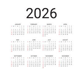 2026 Yearly Calendar Template Sunday Start, Clean Minimal Design suitable for printing, planning, scheduling, or digital use. Vector illustration
