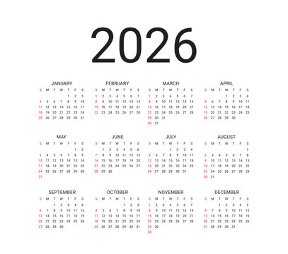 2026 Yearly Calendar Template Sunday Start, Clean Minimal Design suitable for printing, planning, scheduling, or digital use. Vector illustration