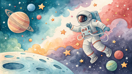 Fototapeta premium Astronaut-themed watercolor background with playful cosmic splashes, whimsical floating astronaut among celestial bodies, inspiring space art with copy space 