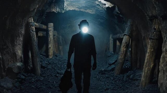 A shadowy, abandoned coal mine tunnel. Dust particles swirl light  headlamp walks eerie darkness. work rusty tools life. light helmet long, jagged rough stone walls. light barely visible