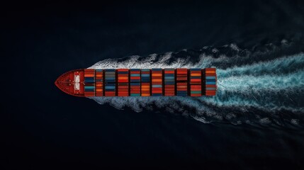 Fototapeta premium Aerial view of a cargo ship with colorful containers on the sea, top-down view.