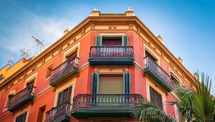 traditional spanish balcony and colorful facades in poble espanyol barcelona a vibrant corner showcasing colorful mediterranean facades traditional wooden balconies and palm trees