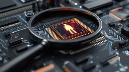 Magnifying glass focusing on a microchip with a human icon, illustrating the concept of data analysis or individual identification within a complex technological system