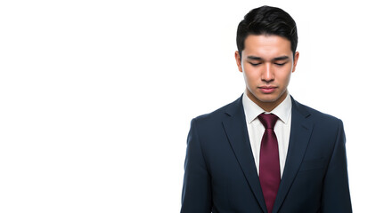 A focused young man in a sharp suit and tie, exuding professionalism and confidence against a clean white background.