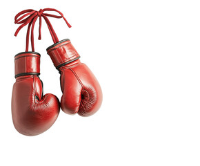 Pair of boxing gloves hanging, cut out white background