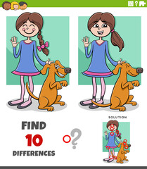 differences puzzle with cartoon girl and her dog