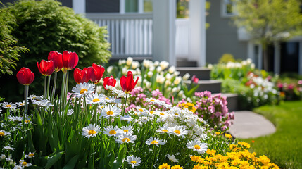 Fototapeta premium A vibrant display of red tulips and daisies creates a colorful garden scene in front of a house.