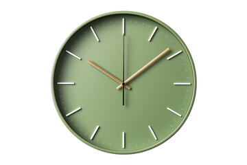 Close up of a round green clock with wooden hands against a in studio shot transparent background png
