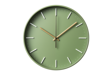 Close up of a round green clock with wooden hands against a in studio shot transparent background png