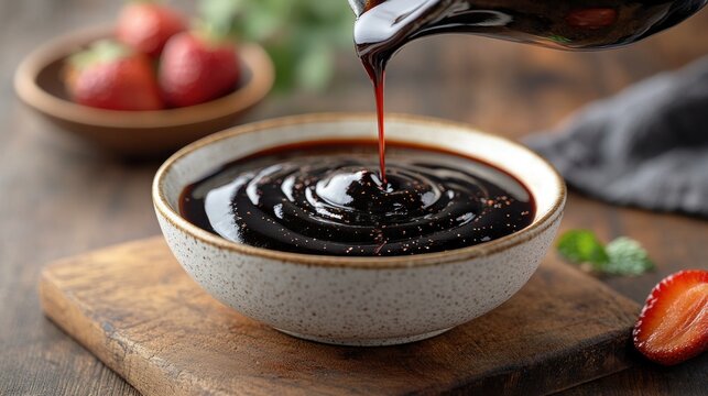 Dark strawberry syrup poured into bowl