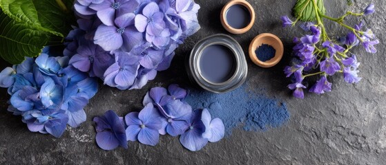 Captivating arrangement of blue hydrangeas and natural dye pigment on dark stone surface evokes artistic elegance and botanical beauty in a top down view